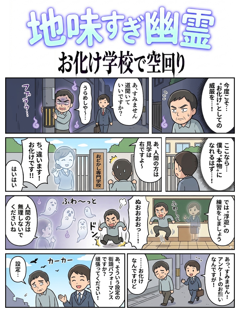 地味すぎ幽霊　お化け学校で空回り（四コマ漫画【たた８】３０の１）