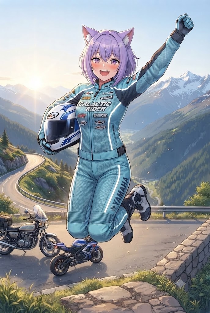 峠でガッツポーズのライダースーツのシス