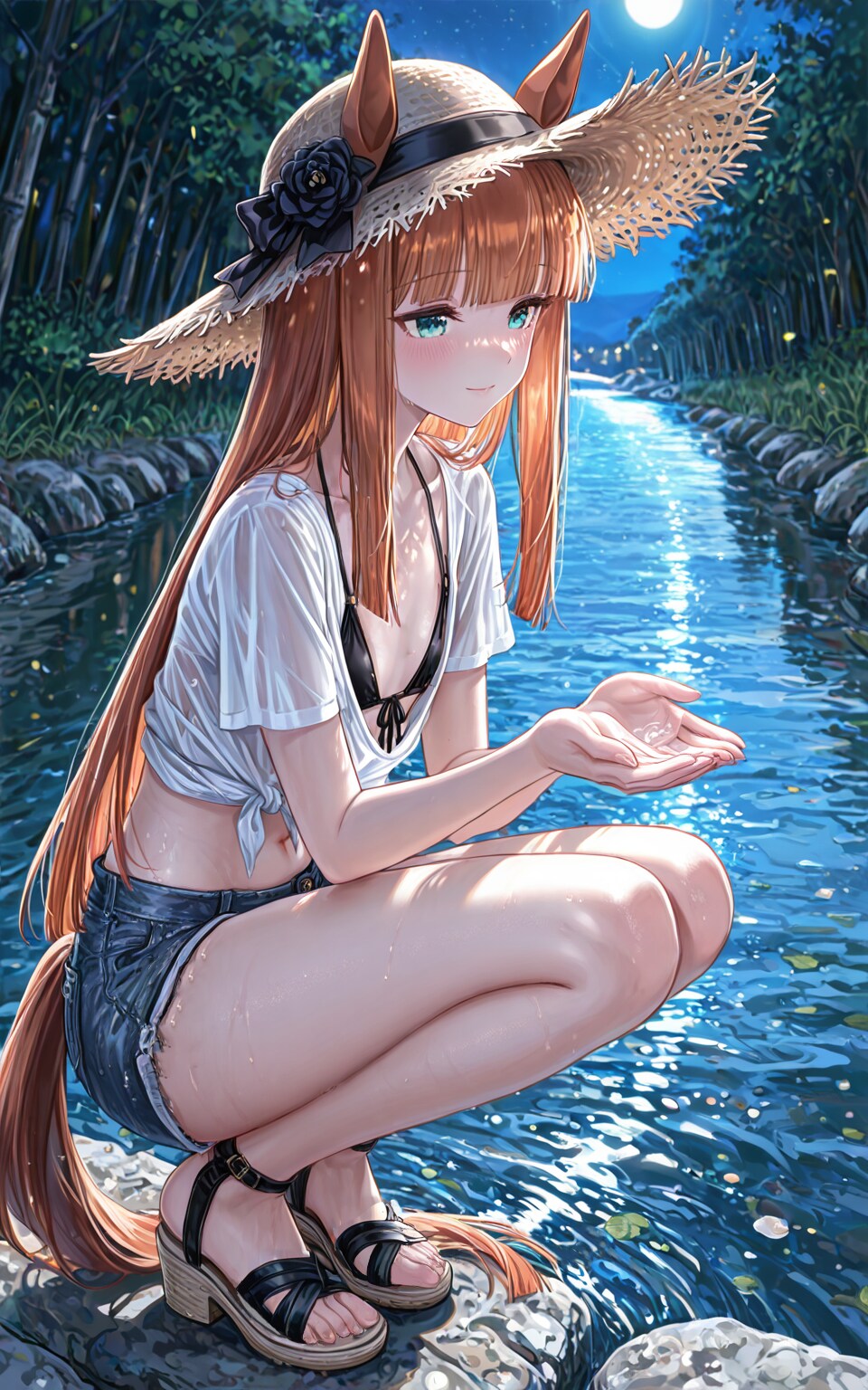 スズカと夜の川遊び