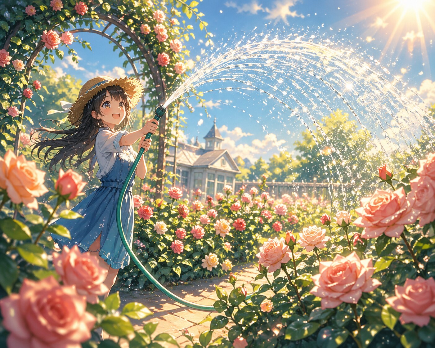 薔薇園で水やり