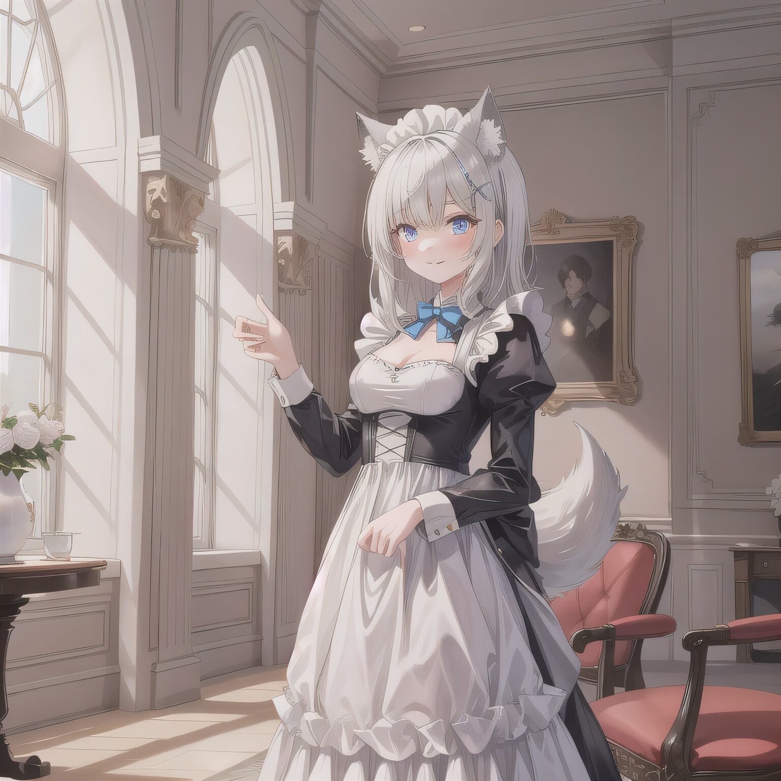 灰髪ロングでメイド服の少女３ | の人気AIイラスト・グラビア