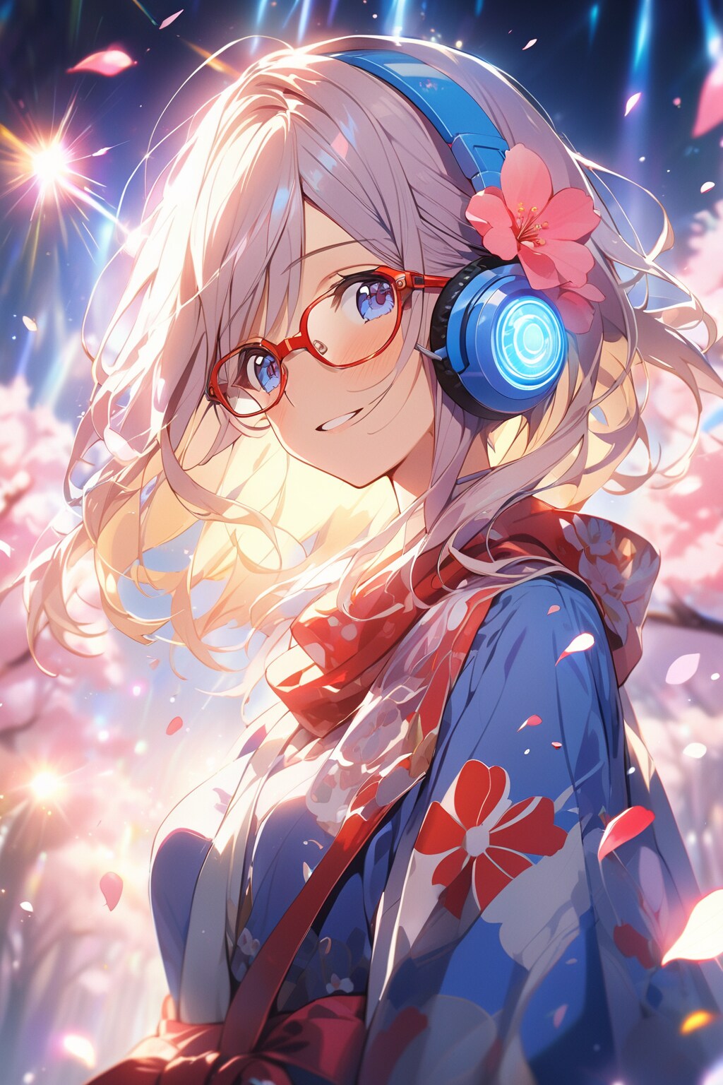 赤い眼鏡と青のヘッドフォン