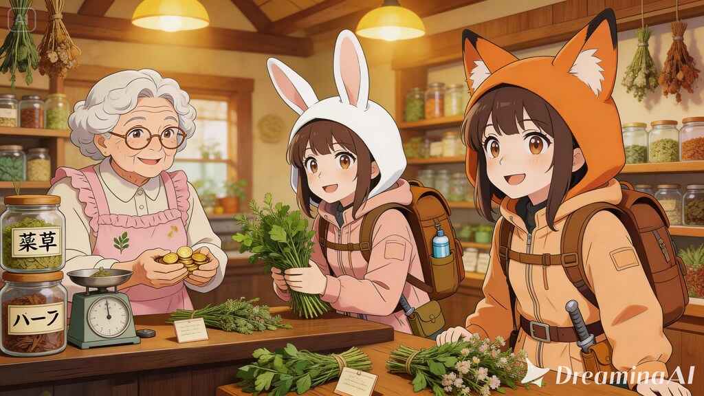 【All0411b】「薬草採取」のクエストが完了、依頼者の薬屋のおばちゃんに納品しに来た（モデル: Seedream 5.0Lite）