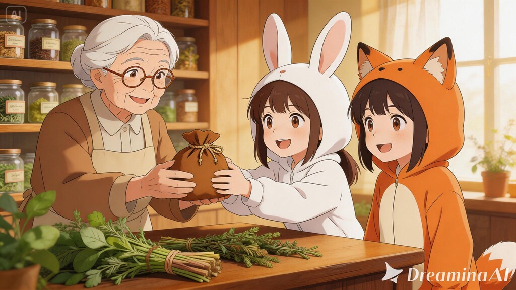 【All0411b】「薬草採取」のクエストが完了、依頼者の薬屋のおばちゃんに納品しに来た（モデル: Seedream 5.0Lite）