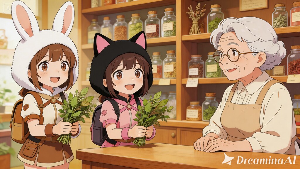 【All0411b】「薬草採取」のクエストが完了、依頼者の薬屋のおばちゃんに納品しに来た（モデル: Seedream 5.0Lite）