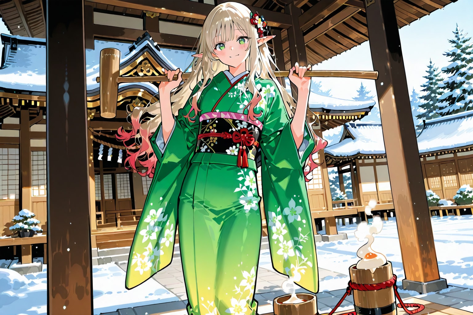 餅つき？をするエルフの女の子 | の人気AIイラスト・グラビア