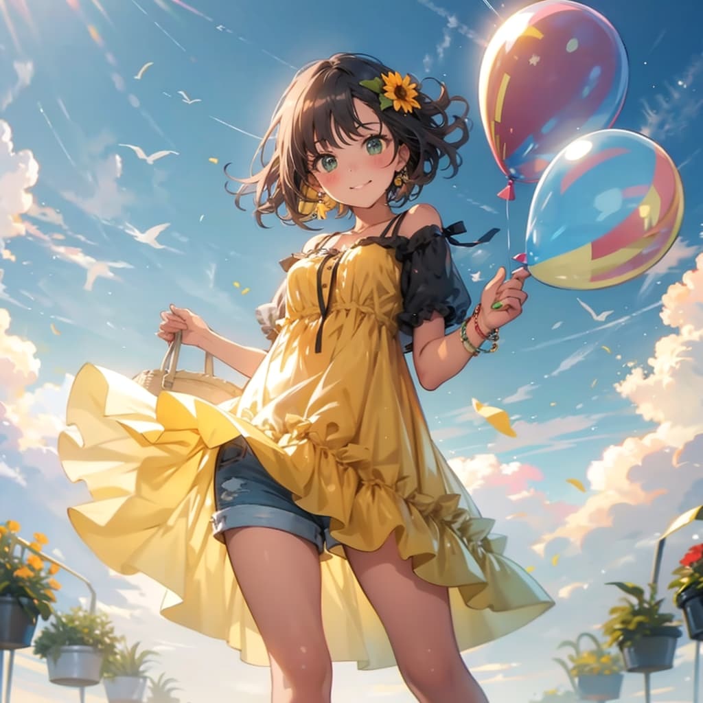 色とりどりの風船を持つショートカットウェーブヘアの黄色のワンピース着た美女 | の人気AIイラスト・グラビア
