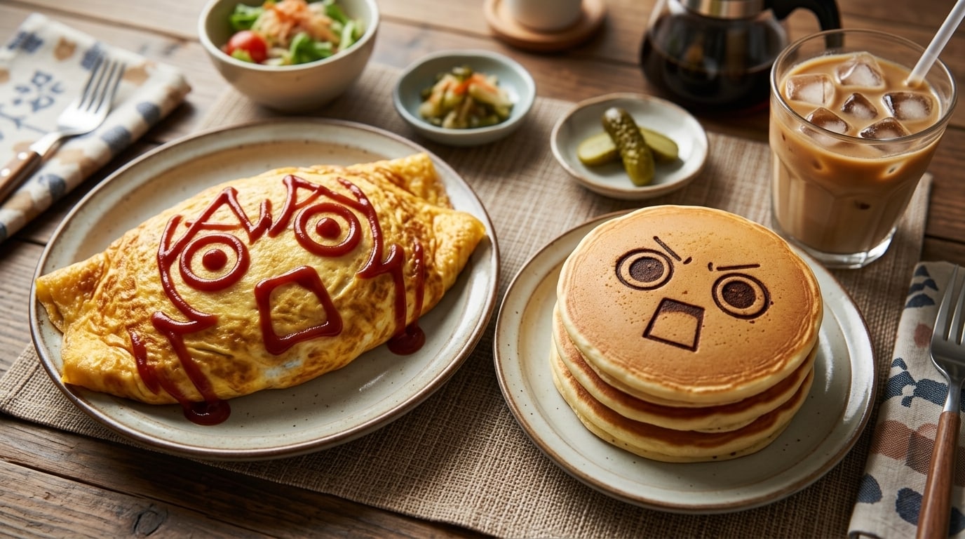 朝食のえらいこっちゃオムレツとえらいこっちゃホットケーキ | の人気AIイラスト・グラビア