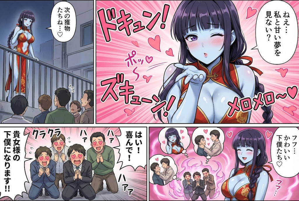 Gemini3Proで悪の女怪人ちゃんが一般人男性達を魅了し虜にして💕忠実な下僕にする漫画♪