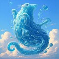油絵ファンタジー、猫の姿になる水色透明スライム 3枚目