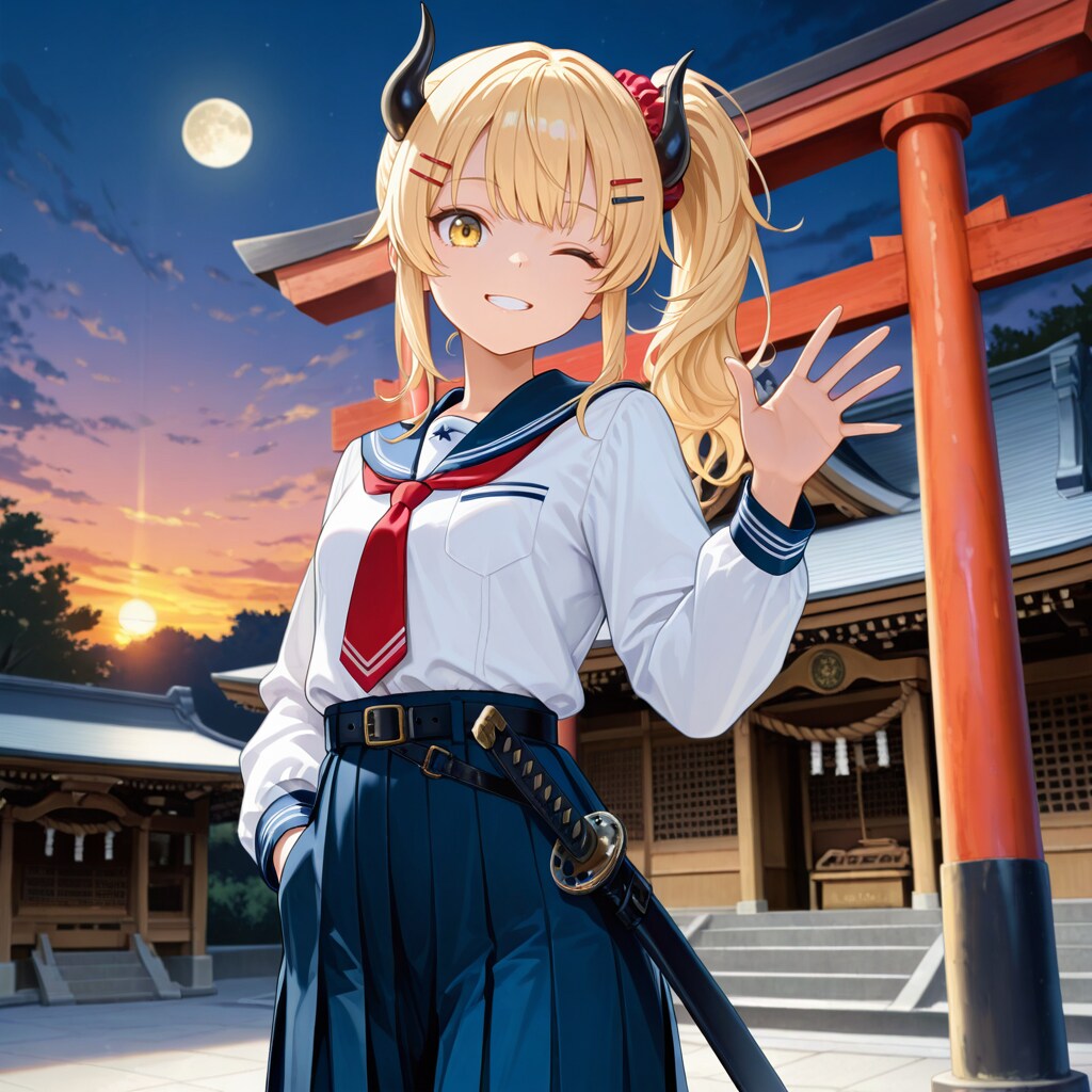 神社と夕暮れの月と女鬼高生さん