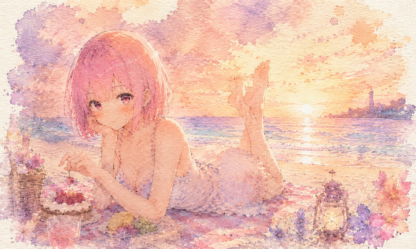 🎨水彩風ピンクちゃん🌊⛱️