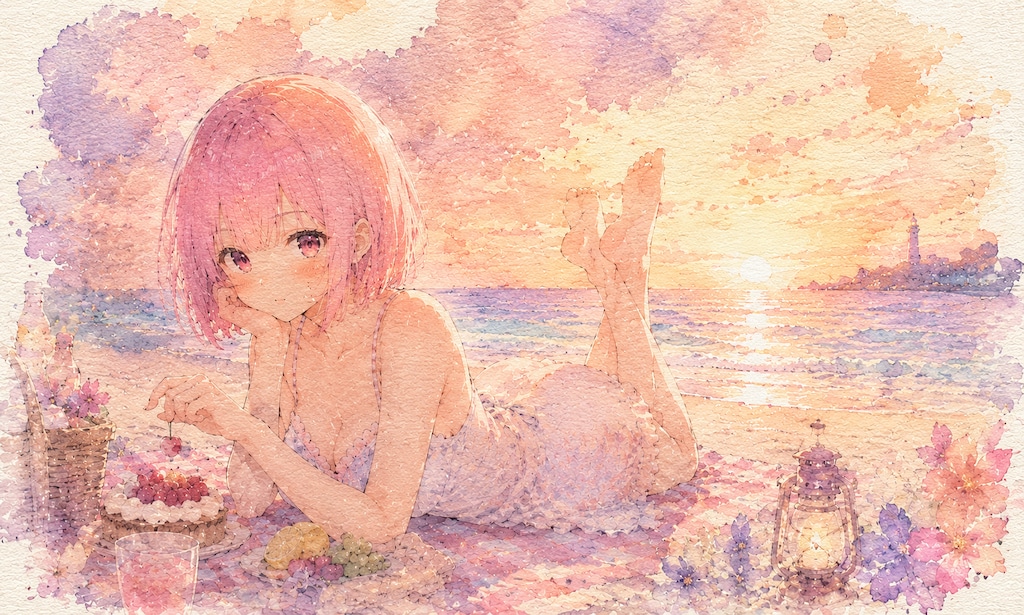 🎨水彩風ピンクちゃん🌊⛱️