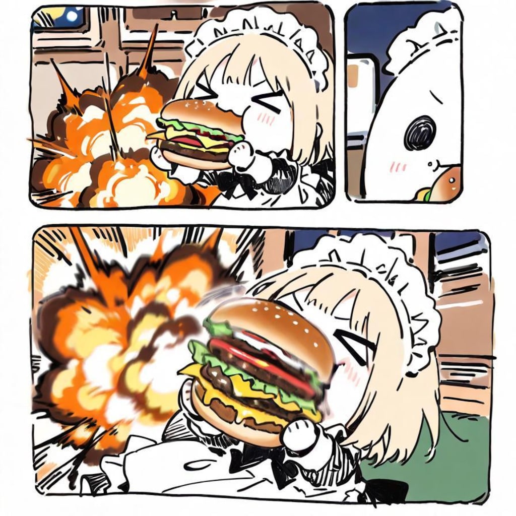 ( >ω<)🍔💥💥💥→( ◉□◉)🍔💥💥💥