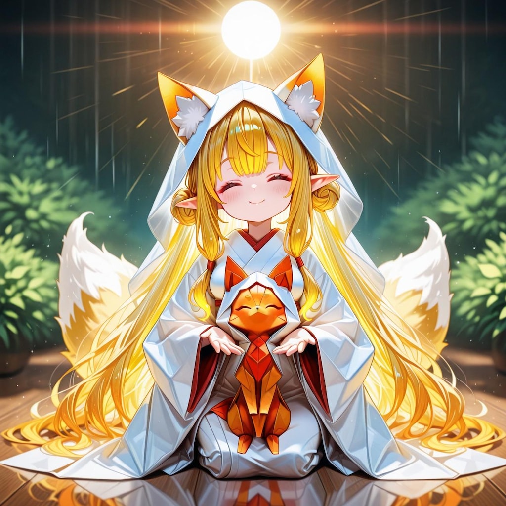 3枚）狐の嫁入りと折り紙キツネ