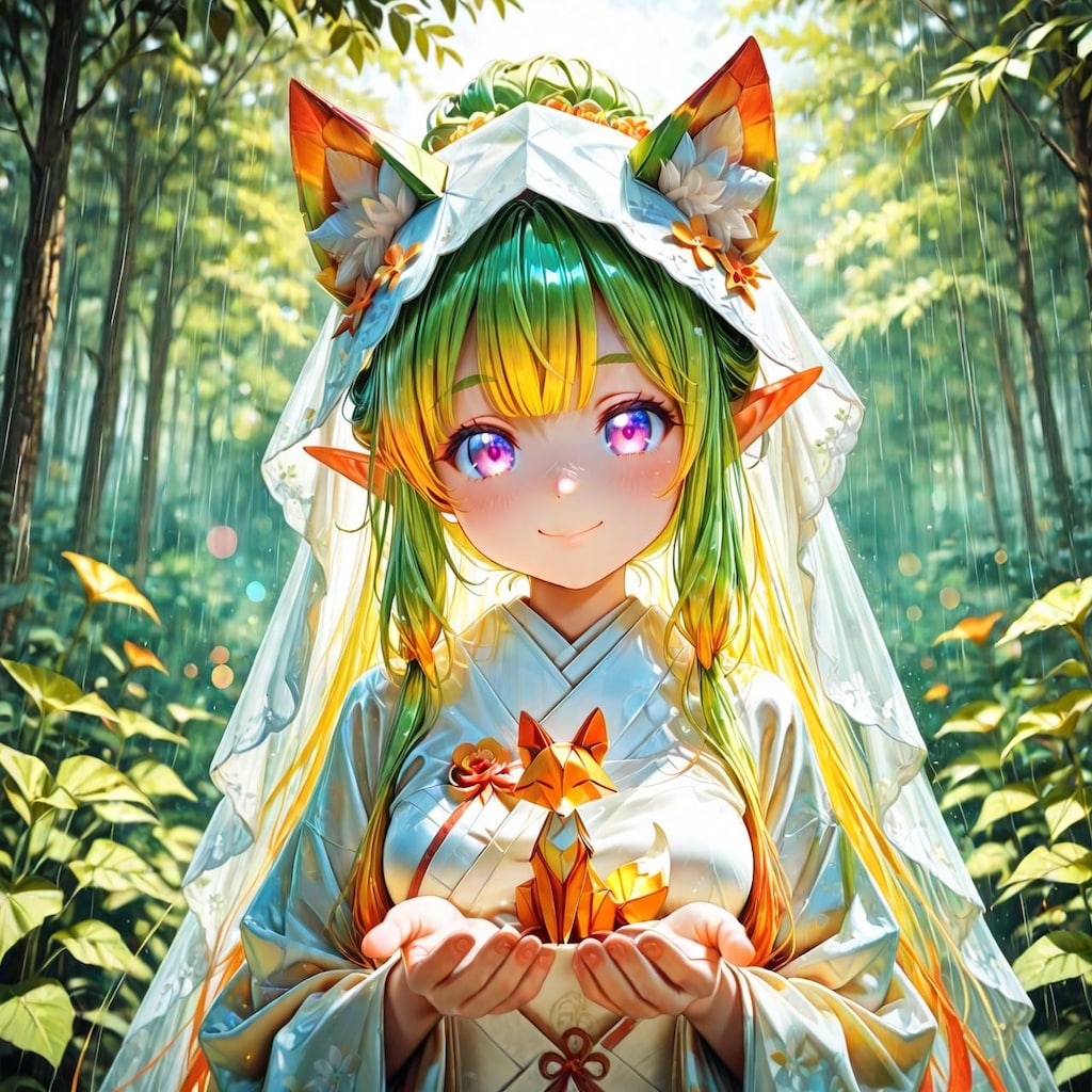 3枚）狐の嫁入りと折り紙キツネ