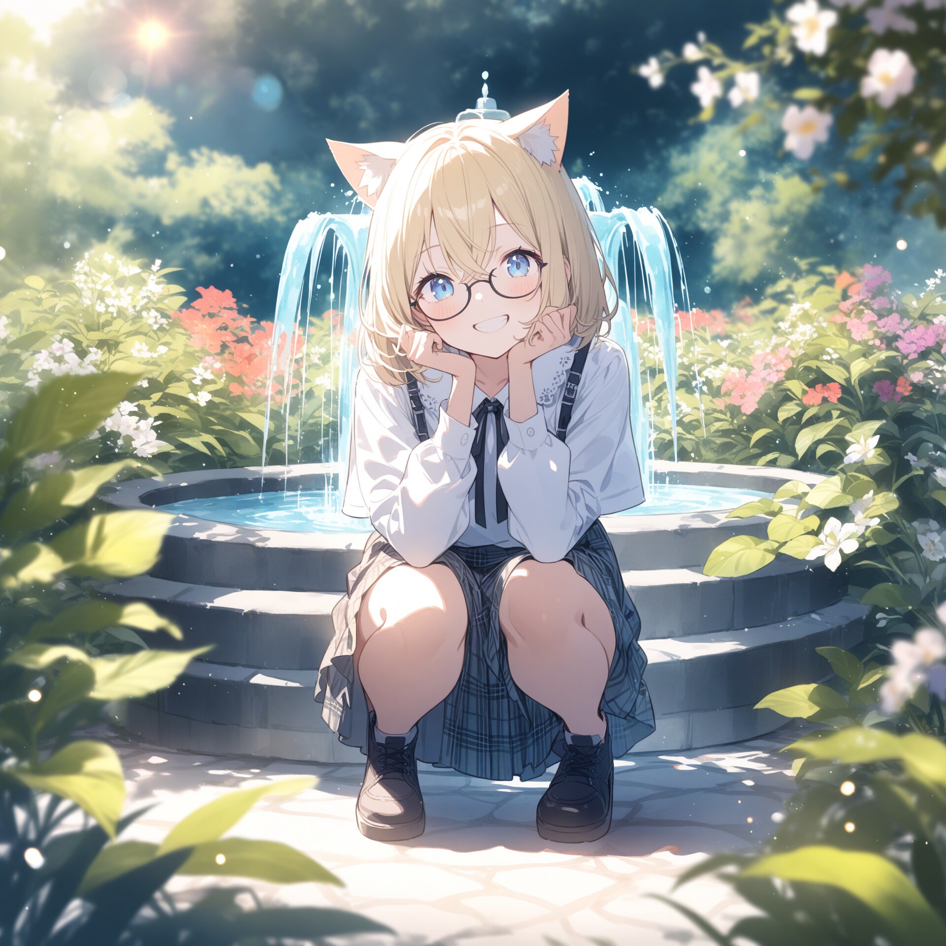 小さな噴水の前で