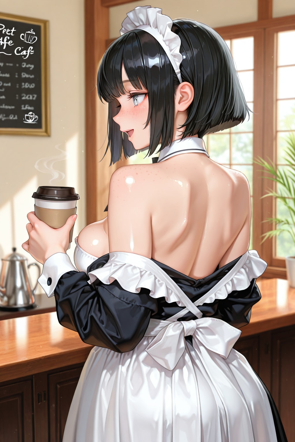 カウンターでお客さんと会話するそばかすボブちゃん
