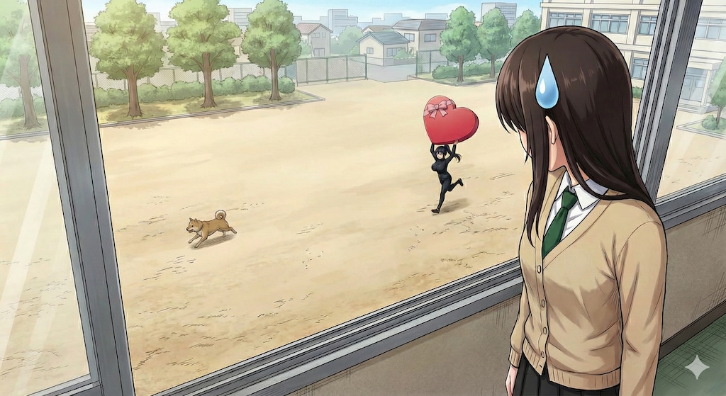 私立聖寧女学院の校庭でゆまさんから逃げる野良犬