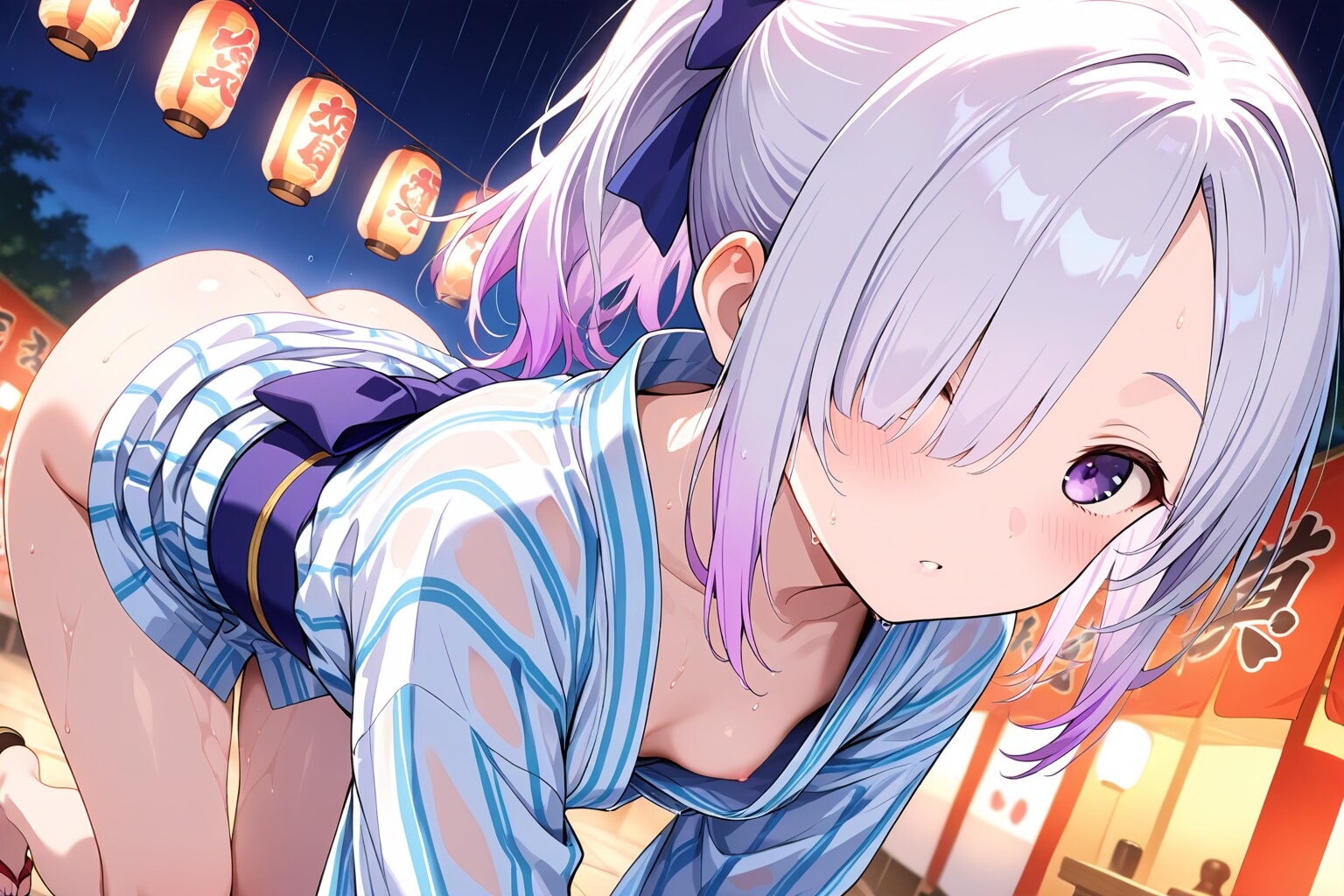 メカクレ薄紫髪ちゃん30『縁日+浴衣+雨+濡れ透け』