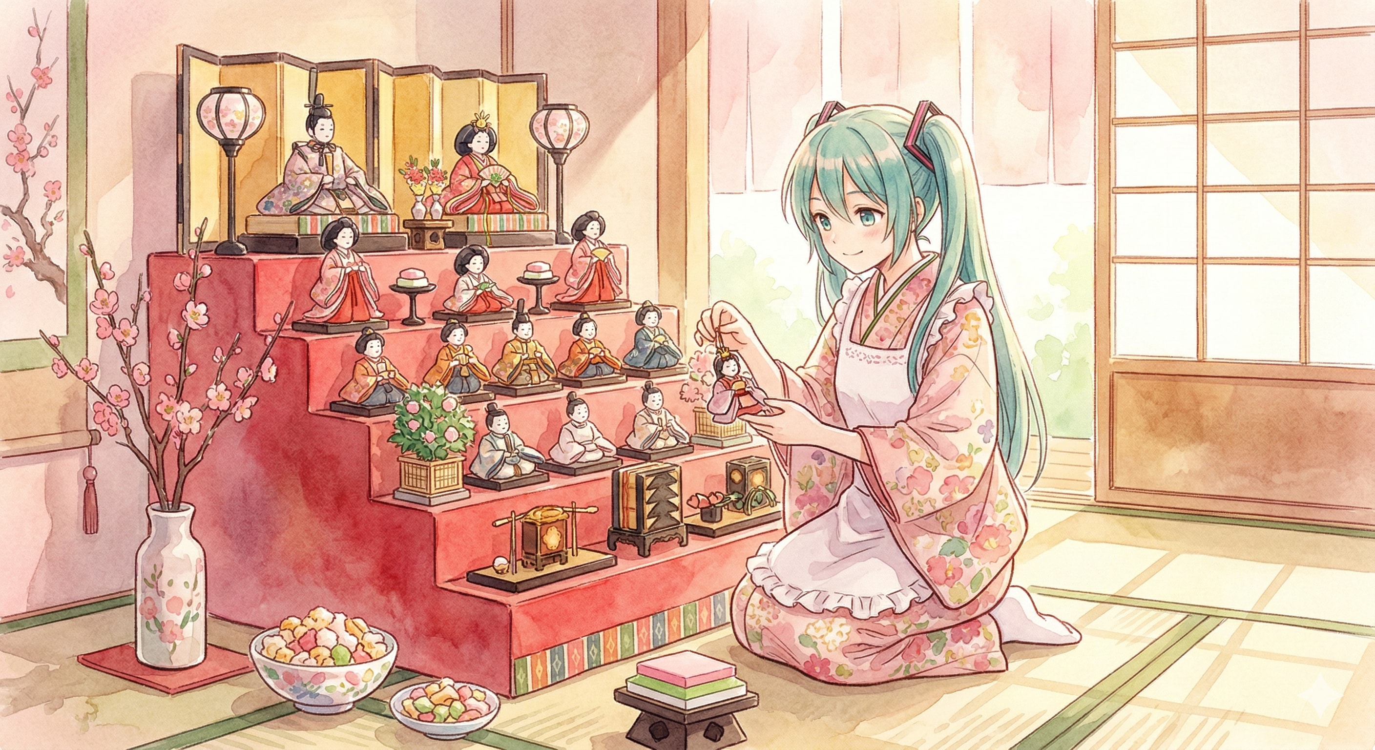 水彩画ミクさん　桃の節句　ミクのひな飾り | の人気AIイラスト・グラビア