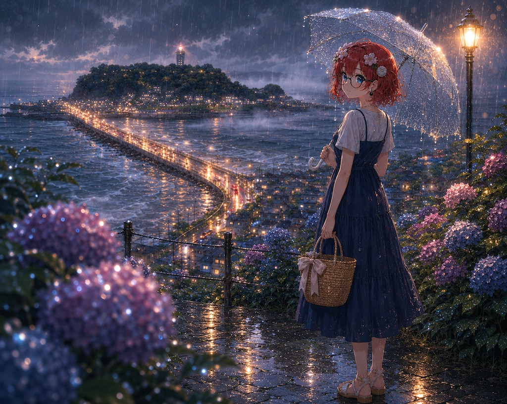 六月、紫陽花越しの江の島
