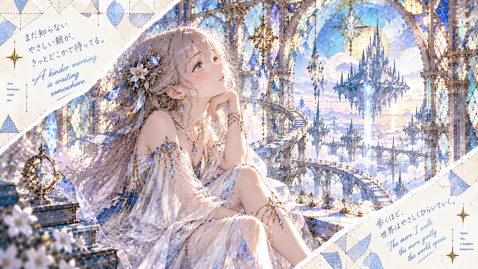 A quiet daydream in a crystal palace, gazing out at floating spires beyond the stained-glass sky.  A | の人気AIイラスト・グラビア