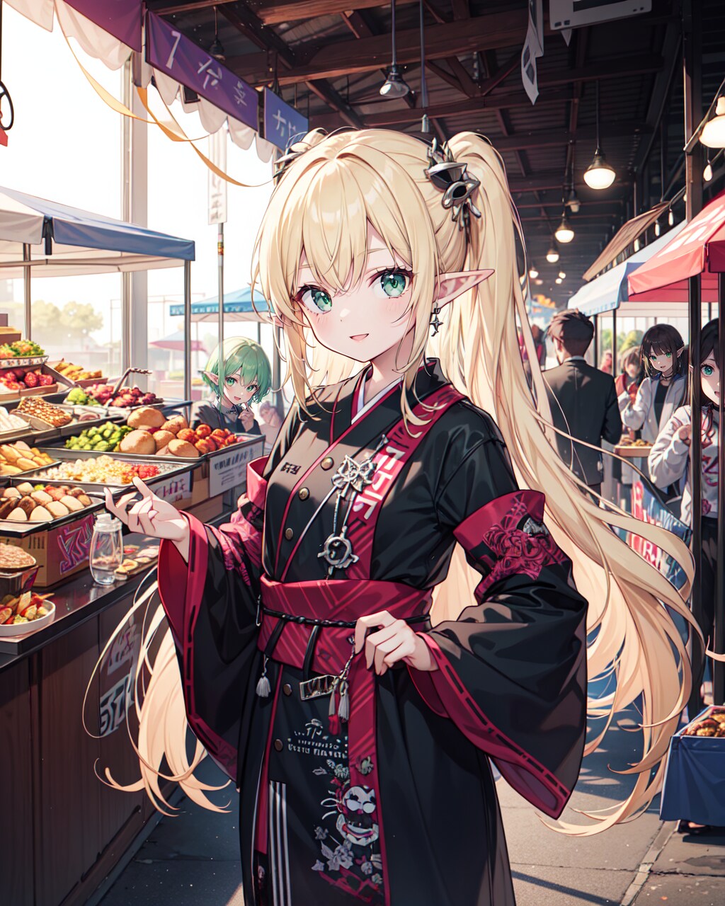 パンク着物で現代の屋台を巡るエルフ魔女