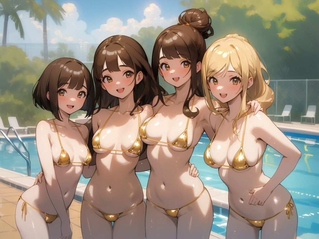 ゴールドビキニ×複数×プール