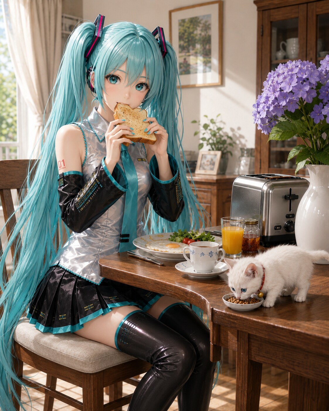 ねこたんと朝食するミクさん