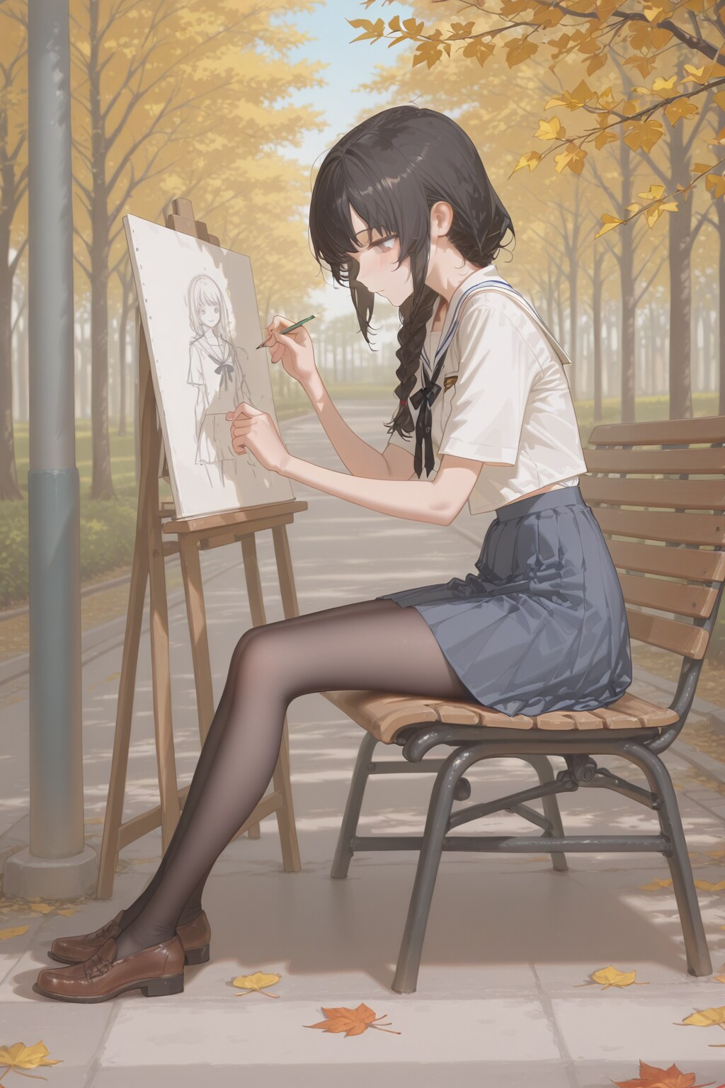 秋の公園でスケッチをする少女