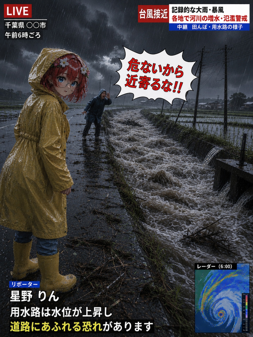 台風接近 溢れ出す用水路と黄色いレインコートの少女