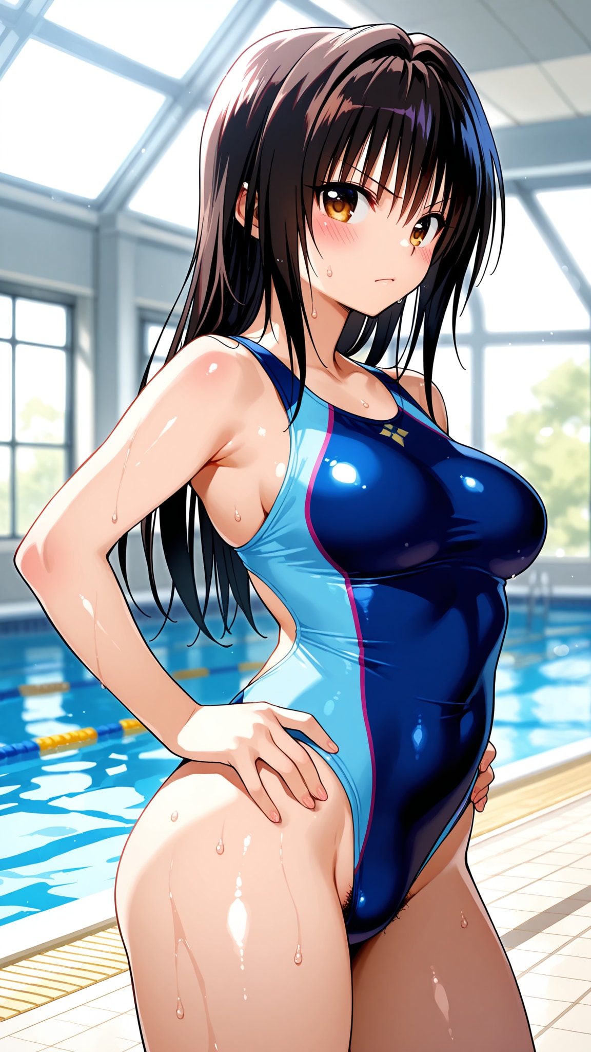 撮影中はキリッと真剣顔→更衣室では頬を染めて脱衣。黒髪巨乳・古手川◯の競泳水着ロッカー盗撮 vol.