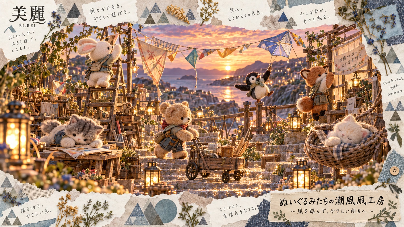 The Plushies’ Sea-Breeze Kite Workshop  Small paws. A wide sky. Something lovely taking shape.  In a | の人気AIイラスト・グラビア