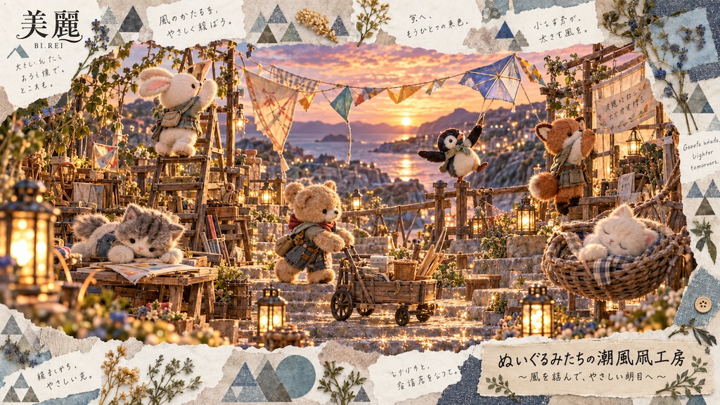 The Plushies’ Sea-Breeze Kite Workshop  Small paws. A wide sky. Something lovely taking shape.  In a