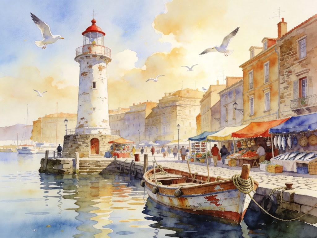 欧州の古い港町とマーケット