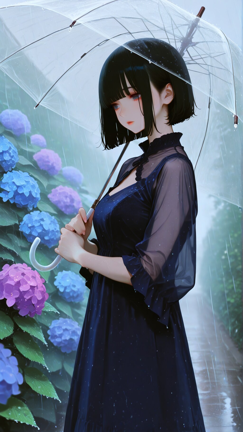 紫陽花と透明な傘