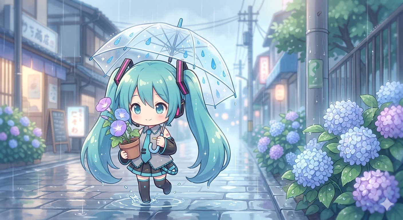 あさがおと紫陽花とちびミクさん　その５