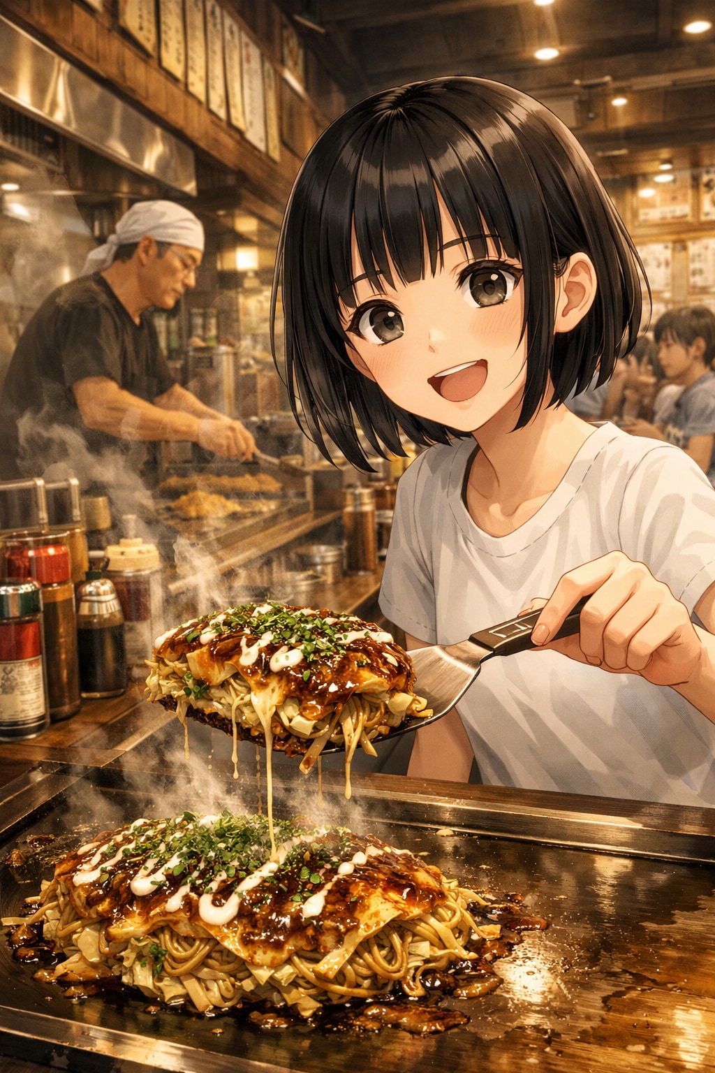 お好み焼きを食べている女の子