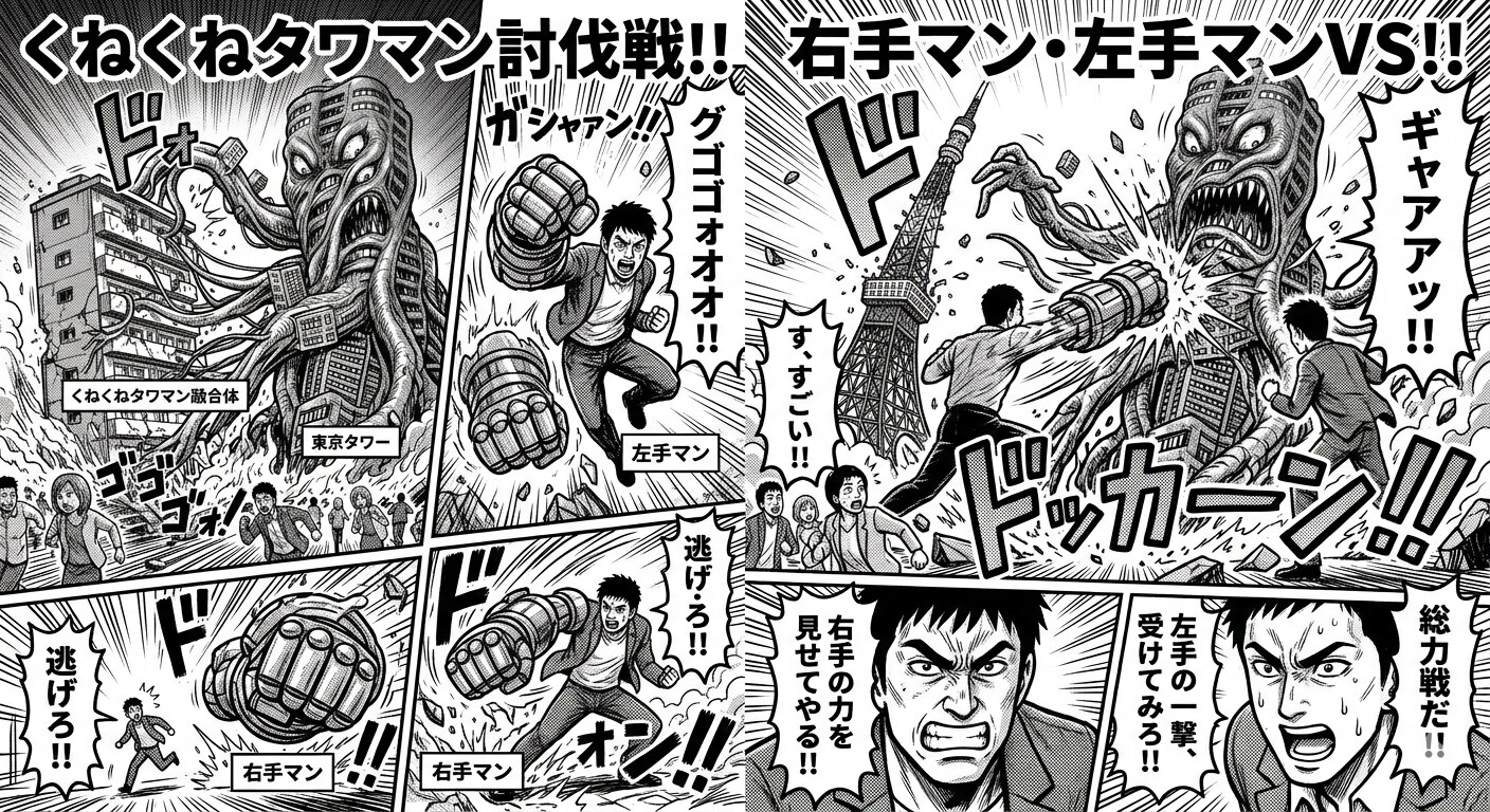 右手マン・左手マンvsくねくねタワマン | の人気AIイラスト・グラビア