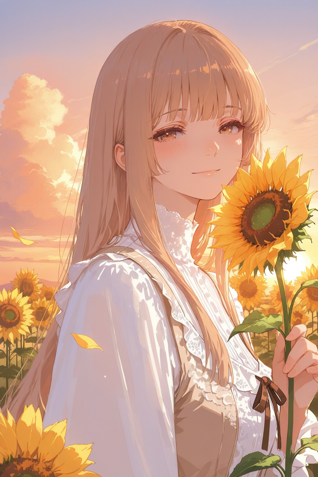 夕陽のひまわり畑で笑顔の少女