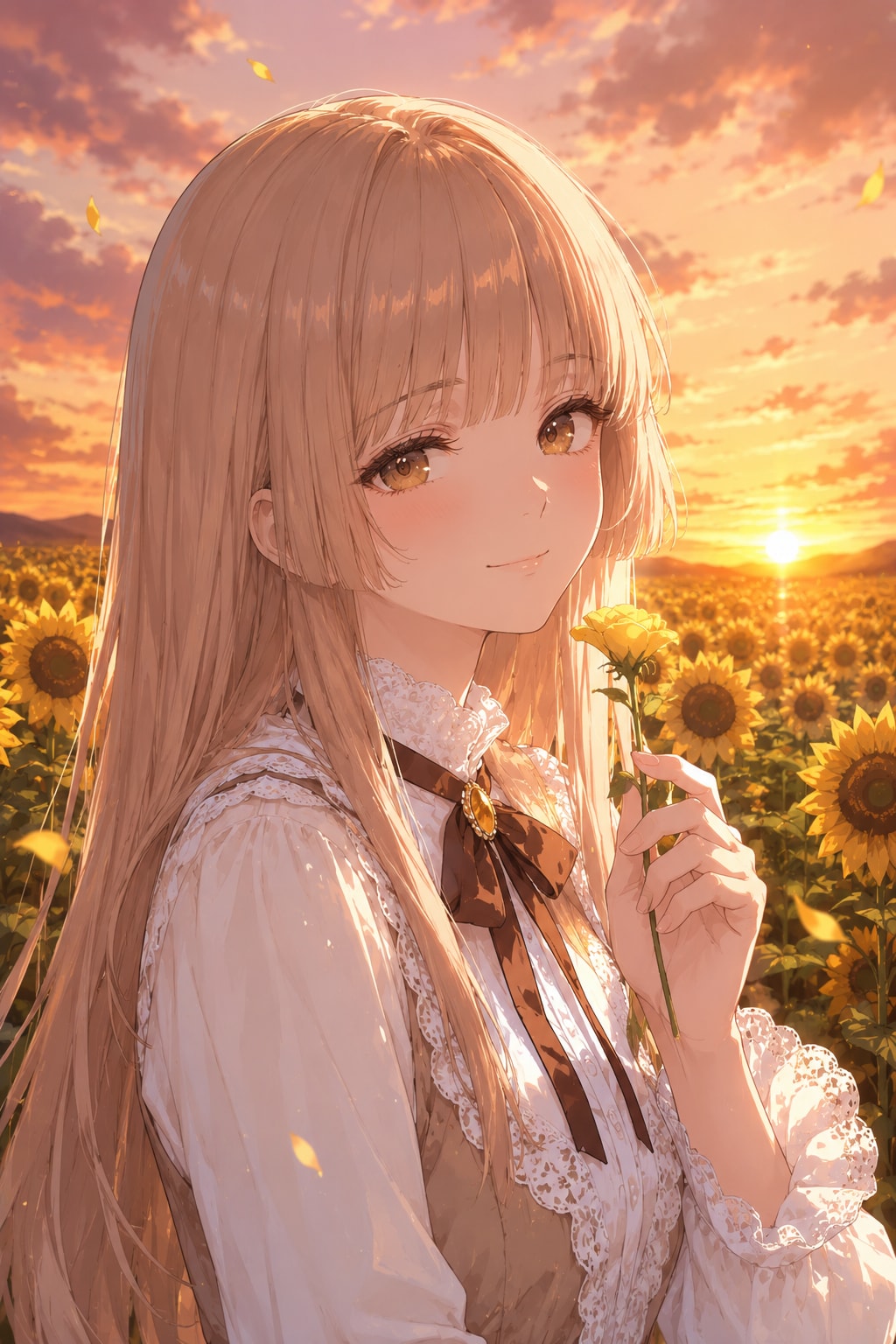 夕陽のひまわり畑で笑顔の少女