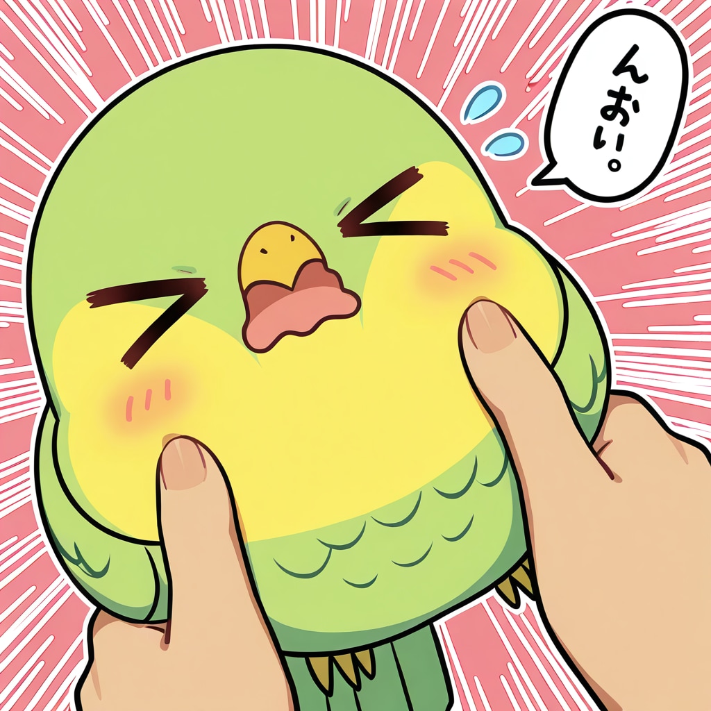 ほっぺを抓られる喋るインコ