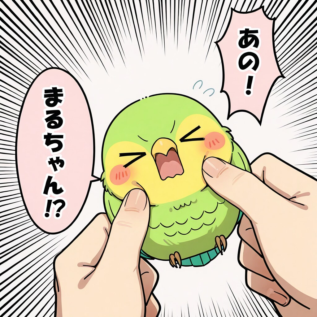 ほっぺを抓られる喋るインコ