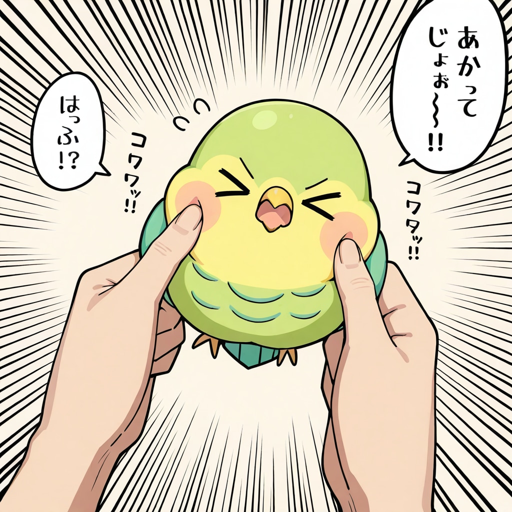 ほっぺを抓られる喋るインコ