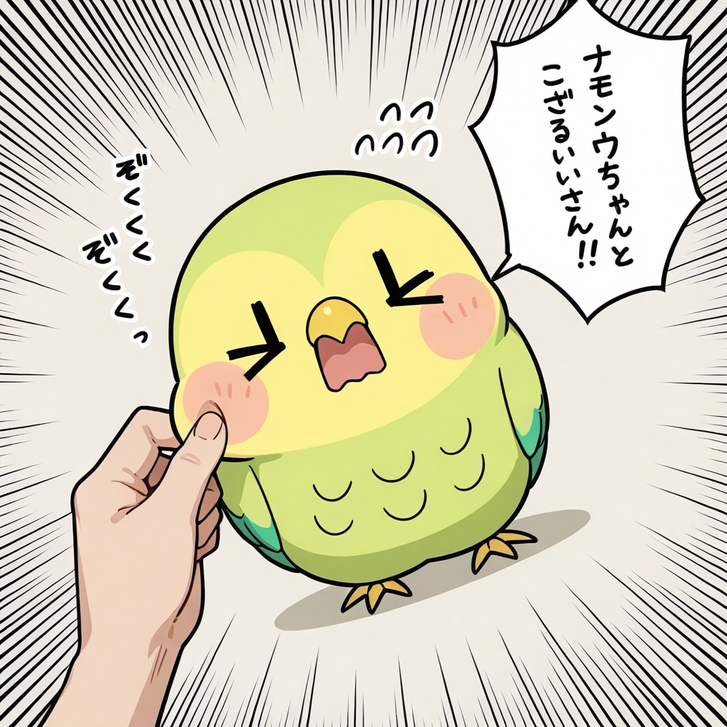 ほっぺを抓られる喋るインコ