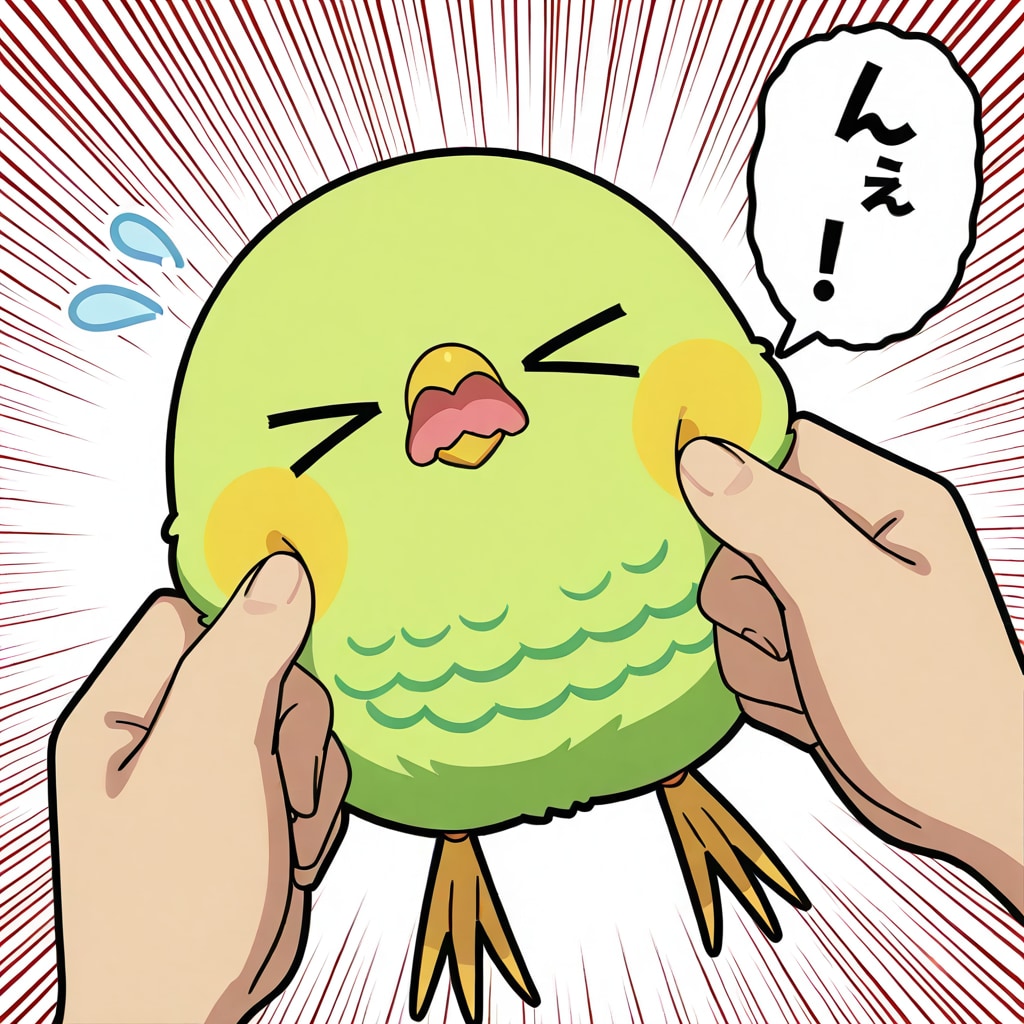 ほっぺを抓られる喋るインコ