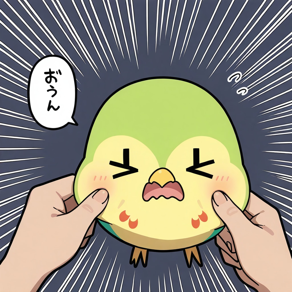 ほっぺを抓られる喋るインコ