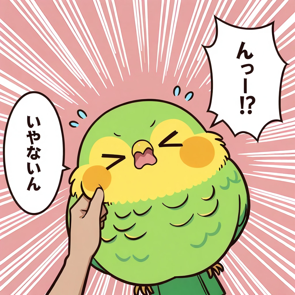 ほっぺを抓られる喋るインコ