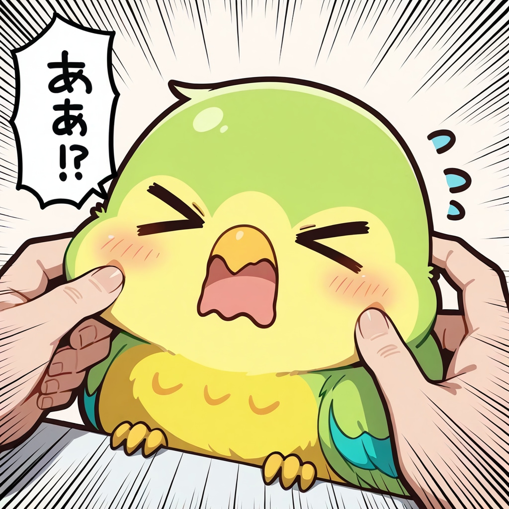 ほっぺを抓られる喋るインコ